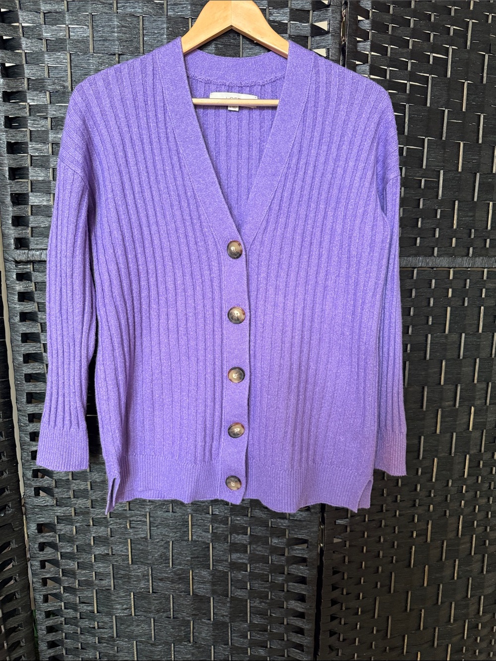 LOFT Lavender Ribbed Button-Front Cardigan